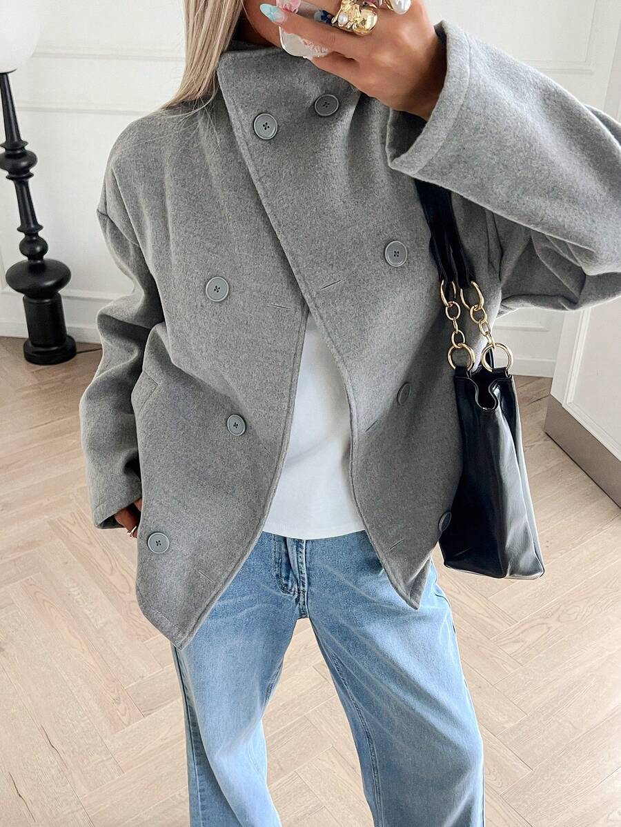 Business Casual Grey Wool Short Jacket | Women's Double-Breasted High Collar Blazer | 2026 Autumn/Winter Office Commute | Holiday Vacation Outfit - Grey - View 1