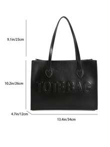 Women Embossed Letter Tote Bag, Large Capacity Solid PU Shoulder Bag, Minimalist Stylish Top Handle Handbag For Work School Daily Commute - Black - View 6