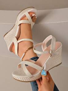 2026 New Women's Cross Strap Wedge Sandals, Open Toe Adjustable Buckle Straw Woven Thick Sole High Heel Summer Beach Walking Shoes - Beige - View 2