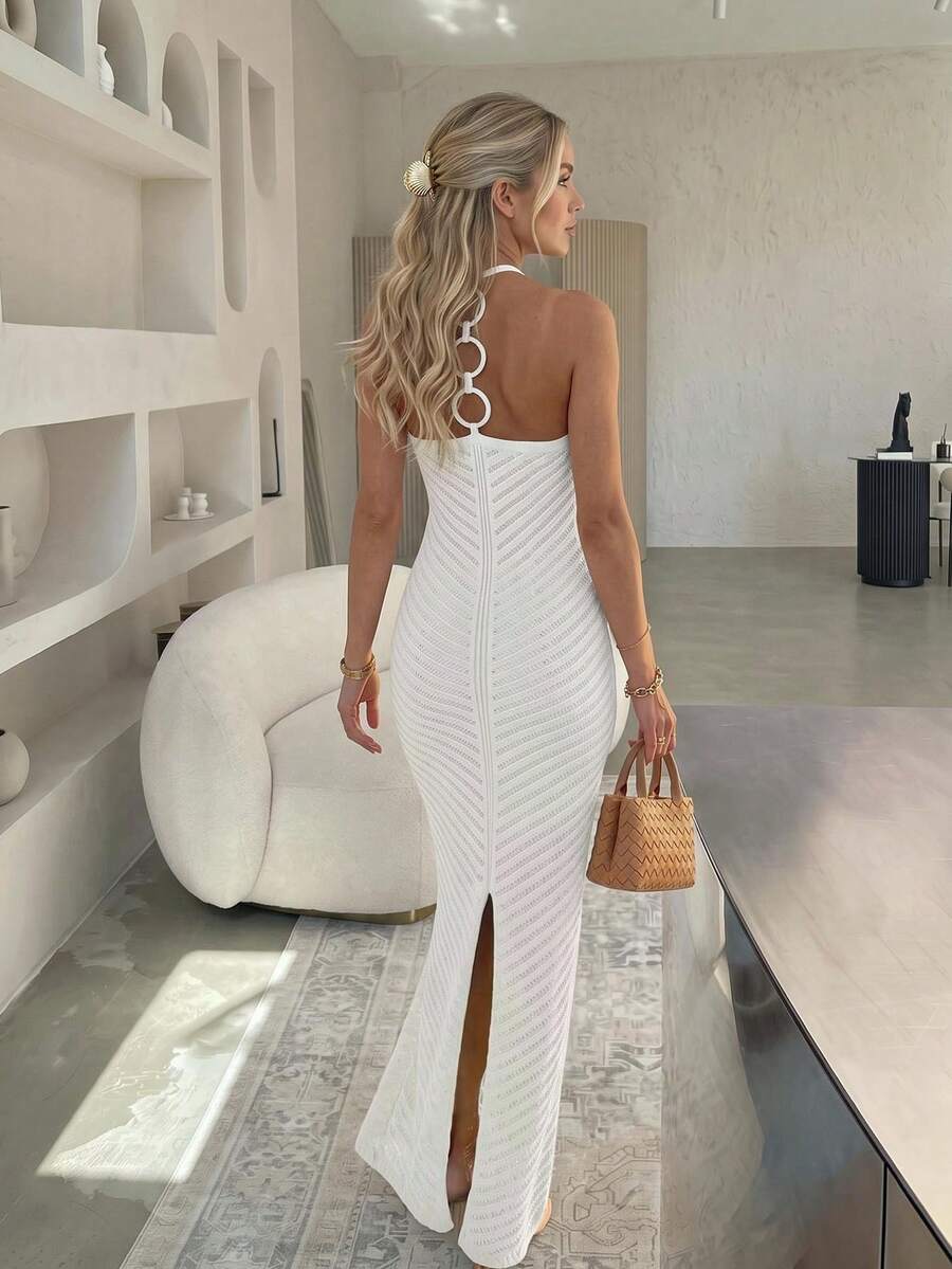 Women's Summer Solid Color Long Sexy Sleeveless Dress With A Back Slit, Back Loop Splicing Design, Fitted Strap Dress, Beach Vacation Style - White - View 1