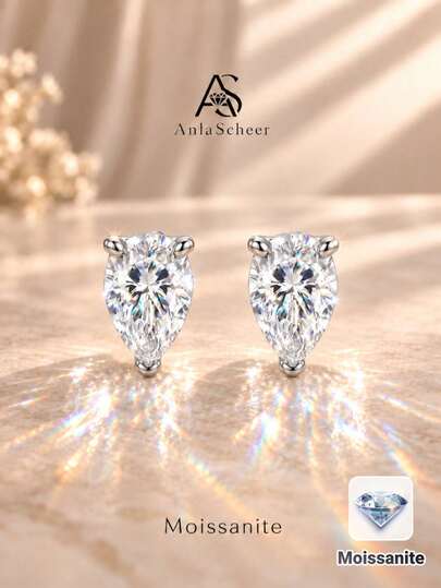 AnlaScheer 1 Pair 925 Sterling Silver 1ct D Color Asymmetrical Moissanite Flat Stud Earrings, Women's Earrings, 925 Silver Jewelry, Suitable For Daily Wear And Party Gift