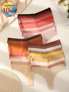 SQPVEH 10pcs Random Color Women's Thongs, Solid & Multi-Color Prints, Soft Comfortable Skin-Friendly Fabric, Seamless Thongs - Multicolor - View 3