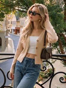 Fall Beige V Neck Knit Cardigan For Women Button Up Long Sleeve Cable Trim Sweater Elegant Casual Autumn Outfits Going Out Daily Wear - Apricot - View 7