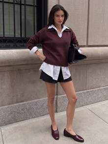 Y2K New Autumn/Winter Women's POLO Collar Short Knit Pullover Sweater, Women's College Style Lapel Burgundy Knit Pullover Sweater, Autumn Long Sleeve Regular Fit Ribbed Knit Top, POLO Large Lapel + Split Deep V Neckline, Loose Raglan Long Sleeve, Vintage Tone Flattering Skin Tone, Suitable For Daily Commute, Date, Campus Multiple Scenarios, Back To School Season Party, Gathering, Christmas, Halloween, Easter Party Versatile Style - Burgundy - View 5
