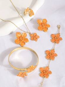 1 Set French Vintage Fashion Orange Oil Drop Flower Jewelry Set, Light Luxury Floral Accessories (Flower Center Oil Drop Gradient With Random Uneven Color Distribution) - Flowers - View 7