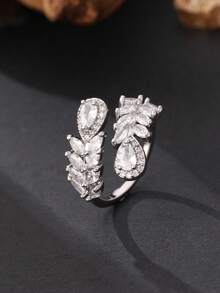 1pc Luxury Leaf & Water Drop Zirconia Open Ring For Women, Multi-Pear Shaped Sparkling Rhinestones Twisted Adjustable Finger Ring, Wedding Banquet Atmosphere Jewelry, Ramadan & Eid Gift - Silver - View 6