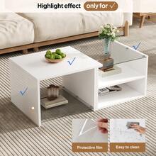 طاولة قهوة بتصميم متعدد الطبقات / طاولة قهوة بأسلوب فاخر / بناء متين من خشب MDF / سعة التحميل: 25 كجم / مع 2 رف مفتوح / إضاءة LED مدمجة / مناسبة لغرفة المعيشة، أبيض - أبيض - مشاهدة 7