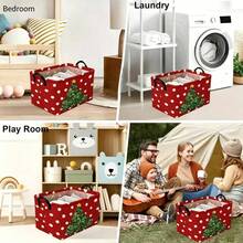 1PC Red Polka Dot Cartoon Christmas Tree Print Storage Basket With Handles, Large Capacity Festive Holiday Home Organizer Bin For Gifts, Toys, Decorations, Laundry, Household Use, Multi-Purpose Cute Portable Container For Christmas - Red - View 4