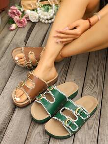 2026 Summer New Embroidered Edge Slide Sandals, Versatile Casual Slippers - Brown - View 4