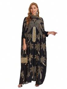 JINLICX Elegant Black Kaftan High Neck Cape-Style Maxi Dress With Gold Palm Tree Beaded Embellishments, Suitable For Formal Banquets - Black - View 4