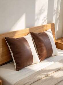 1pc/2pcs Color Block Square Throw Pillow Cover, Brown Faux Leather & White Fabric Pillowcase, Sofa Cushion Cover, Farmhouse Home Decor, Living Room Sofa Home Decor, Pillow Insert Not Included - Brown - View 5