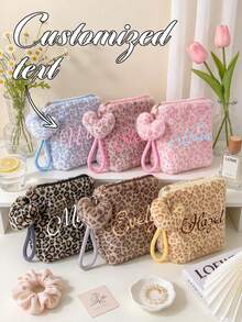 Customized Name Fluffy Leopard Print Makeup Bag, Personalized Text Plush Makeup Bag With Heart-Shaped Wristband, Portable Zipper Storage Bag, Bridesmaid's Birthday Gift For Women - Multicolor - View 1