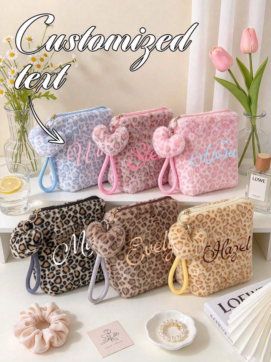 Customized Name Fluffy Leopard Print Makeup Bag, Personalized Text Plush Makeup Bag With Heart-Shaped Wristband, Portable Zipper Storage Bag, Bridesmaid's Birthday Gift For Women - Multicolor - View 1