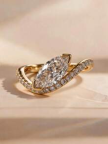 3pcs/Set 18K Gold Plated Luxury Marquise Main Stone Gemstone Ring, Round Side Stone Ring, Wave Eternity Ring, Exquisite Holiday Party Gift For Women - Yellow Gold - View 12