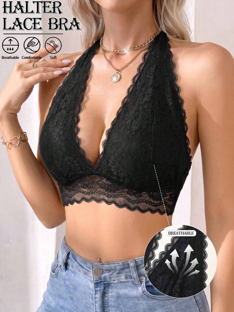 Women's Wireless Halter Neck Bra, Floral Lace Lingerie, Adjustable, No Padding, Backless, No Lining, Casual Comfortable, Solid Color, Summer Underwear - Black - View 1