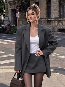 Women's Autumn/Winter Fashion Light Commute Solid Color Lined Oversized Padded Shoulder Wide Cuff Split Single-Breasted Mid-Length Long Sleeve Blazer & Low Waist Mini Skirt Set - Dark Grey - View 3