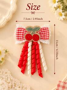 2Pcs Red White Gingham Ribbon Bows For Girls Cherry Decor Crimped Spiral Tassel Clips Sweet Daily Fall Winter Wedding Hair Clips Kids Hair Accessories - Multicolor - View 8
