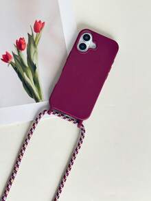Burgundy Solid Color TPU Phone Case With Adjustable Braided Crossbody Lanyard - Burgundy - View 3