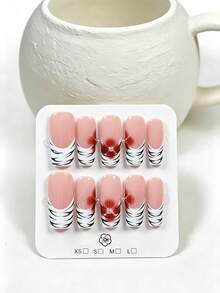 10pcs Handmade Press-On Nails, Long Rectangular Autumn/Winter Style, Nude Transparent Base With White Base And Black French Pattern, Burgundy Gradient Tie Dye With Rhinestone Accents, Cool And Edgy Personalized Vibe, Suitable For Autumn Dates, Atmospheric Outfits, Street Wear, Includes Full Set Of Nail Tools, Exclusive Gift - Pink - View 2