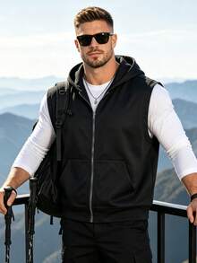 Men's Casual Vest, Solid Color Zipper Hooded Jacket, Lightweight Versatile Minimalist Vest, Spring/Summer Black - Black - View 3