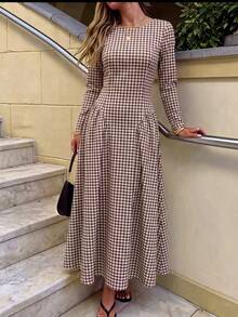 Dirp Noir Women's Autumn Vintage Plaid Round Neck Waist-Cinching Mid-Length Dress, Suitable For Commuting, Dating, Back-To-School Prom - Brown - View 2