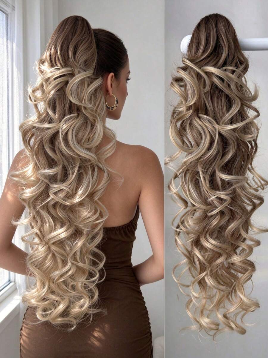 HEYPINK 28 Inch Gradient Black-Brown Natural Wavy Clip-In Ponytail Hair Extensions, Soft And Natural, Heat-Resistant Synthetic Fiber Wig, Suitable For Women's Daily Use