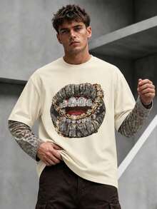 Krometka Men's American Hip Hop Rhinestone Lip Chain Print 2-In-1 Long Sleeve T-Shirt, Leaf Camouflage Patchwork Loose Drop Shoulder Crew Neck Top - Apricot - View 2
