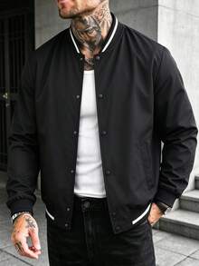Men's Outdoor Casual Jacket, American Style Patchwork Baseball Collar, Unisex Lightweight Luxury Cardigan Coat - Black - View 3