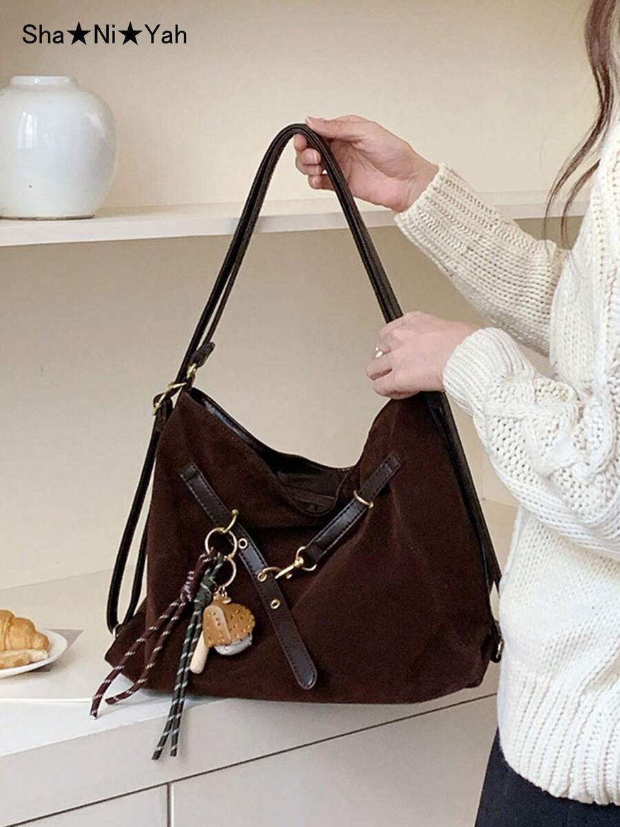 2026 Japanese And Korean Style Vintage High-End Large Capacity Tote Bag, Autumn/Winter New Multifunctional Shoulder/Crossbody/Backpack For Commuting And School (No Accessories Included)