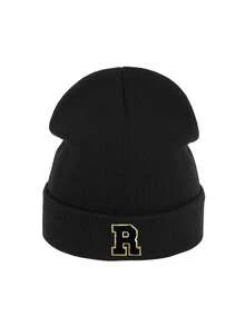 Women's Black Ribbed Cuff Knit Hat (With A-Z Gold Letters), Soft Knit Fabric, Versatile Warm Windproof Winter Knit Hat - Black - View 6