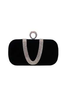 Women's Black Velvet Clutch, Rhinestone Ring Handle & Chain Detail, Elegant Evening Bag For Wedding, Party & Formal Events - Black - View 3