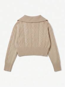 Senya Autumn/Winter New Vintage Oversized Lapel Double Zipper Cable Knit Cardigan, Loose Drop Shoulder Casual Short Commuter Sweater Fall - Khaki - View 6