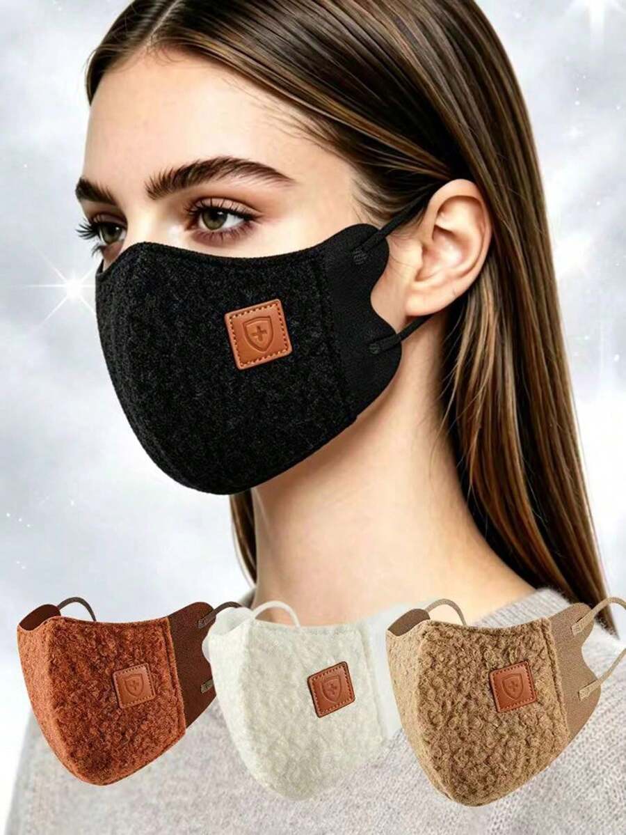 Autumn/Winter Teddy Fur 3D Warm Face Mask, Unisex, Leather Patch Decor, Windproof, Breathable, Adjustable Ear Loops, Suitable For Commuting, Outdoor, Cycling - Teddy Fleece - View 1