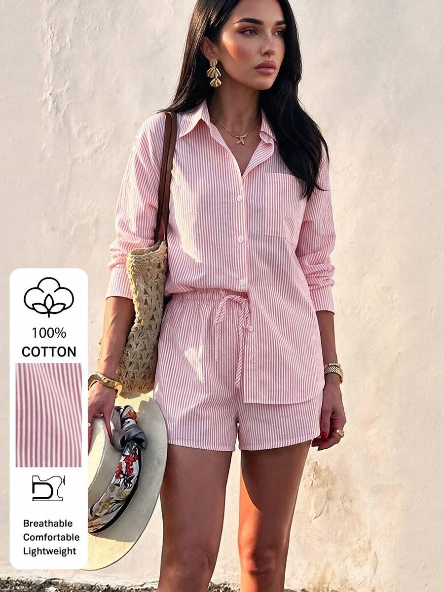 PoPoHouse Women 2pcs Solid Color Cotton Casual Elegant Pocket Long Sleeve Shirt & Loose Shorts Set, Suitable For Daily Commute And Leisure