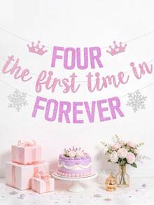 1pc Four The First Time In Forever 4th Birthday Banner, Snowflake Theme Princess Happy 4th Birthday Party Decoration - Multicolor - View 3