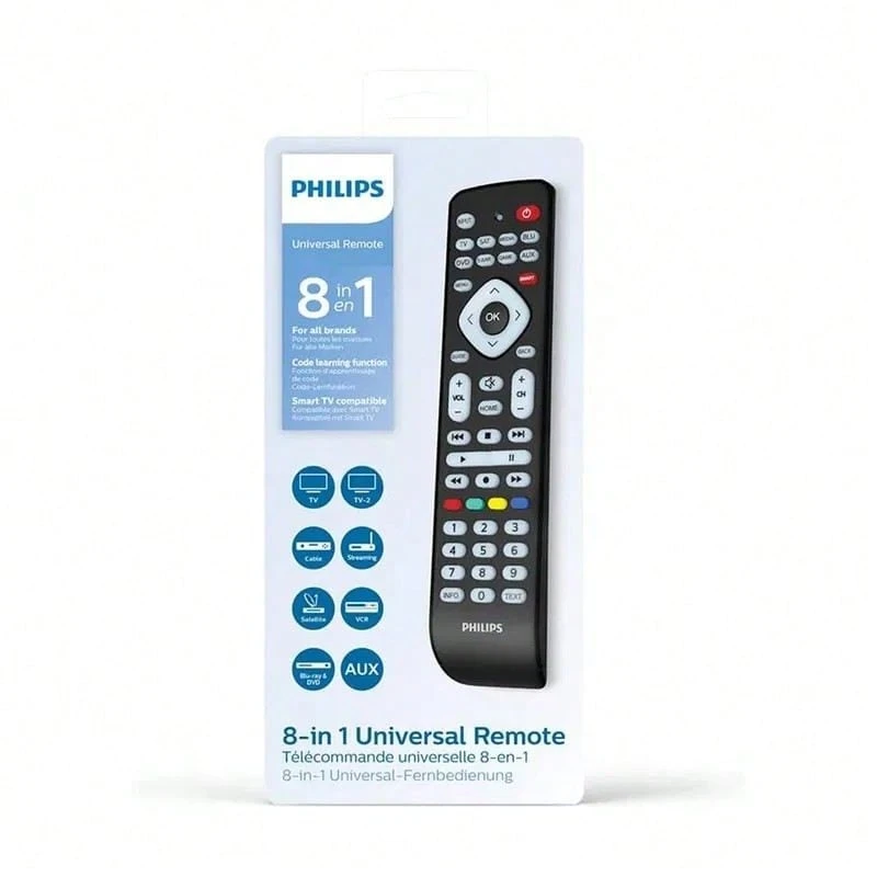 PHILIPS جهاز تحكم عن بعد عالمي للتلفزيون فيليبس SRP2018/10، جهاز تحكم 8 في 1، زر ذكي، أكواد الأشعة تحت الحمراء حتى 8000، إعداد سهل، أسود - مشاهدة 1