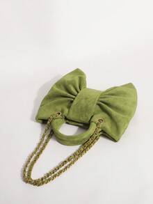 1pc Matcha Green Large Bow Handbag, Textured Velvet Pleated Bag With Chain Strap, Shoulder Bag, Sweet & Spicy Style For Shopping, Dating, Afternoon Tea - Green - View 6