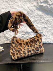 1pc Pink Leopard Print Faux Fur Large Capacity Y2K Vintage Style Underarm Bag Handbag Shoulder Bag For Autumn/Winter Daily Party Streetwear - Multicolor - View 3