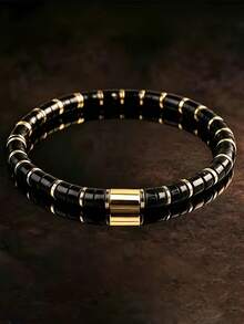 1pc Natural Obsidian Bracelet, Handmade, Unisex, Symbol Of Power And Success, Versatile Gentleman Accessory, Holiday Gift - Black - View 1