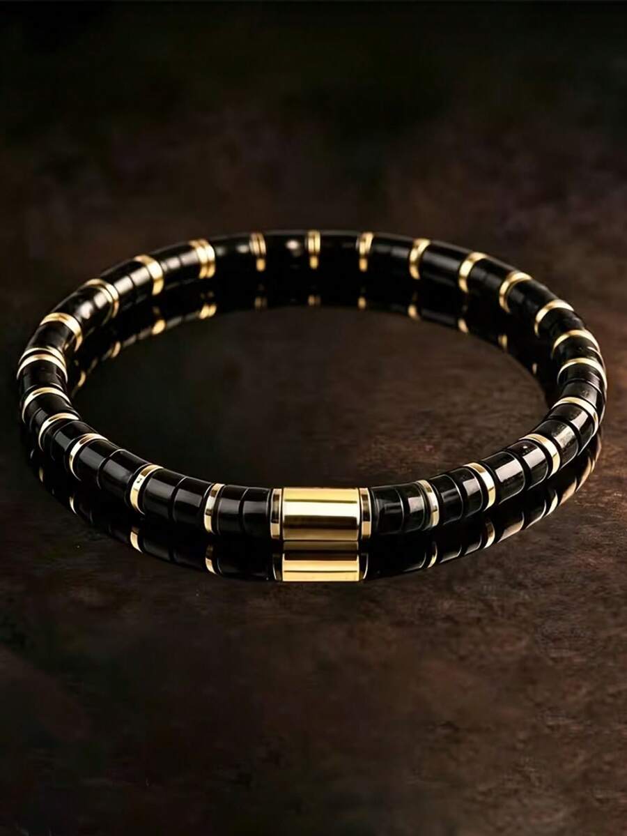 1pc Natural Obsidian Bracelet, Handmade, Unisex, Symbol Of Power And Success, Versatile Gentleman Accessory, Holiday Gift - Black - View 1