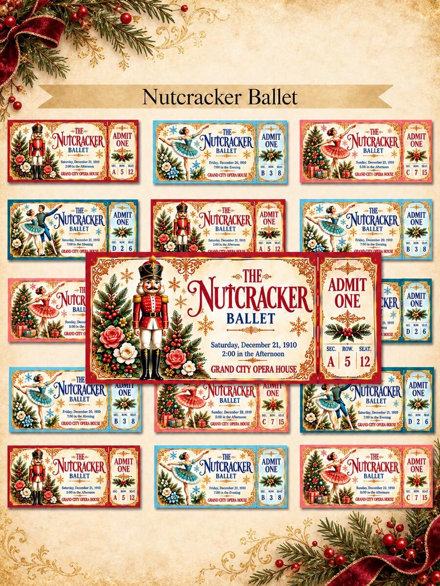 Stempel Nutcracker Natal Baru, Tiket Hadiah, Tiket Pertunjukan - Templat Tiket Hadiah Kejutan Balet Nutcracker yang Dipersonalisasi (Voucher Hadiah Natal Merah Muda) - MultiWarna - View 1