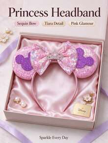 Disney 1pc Popular Pink Iridescent Sequin Mickey Ear Headband, Purple Mickey Silhouette & Rhinestone Crown Bow Hair Hoop, Must-Have For Theme Park, Wedding & Holiday Party - Style 1 - View 8