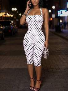 DOUCIU Polka Dot Print Spaghetti Strap Backless Fitted 3/4 Length Jumpsuit, Sexy Party Club Outfit - White - View 2