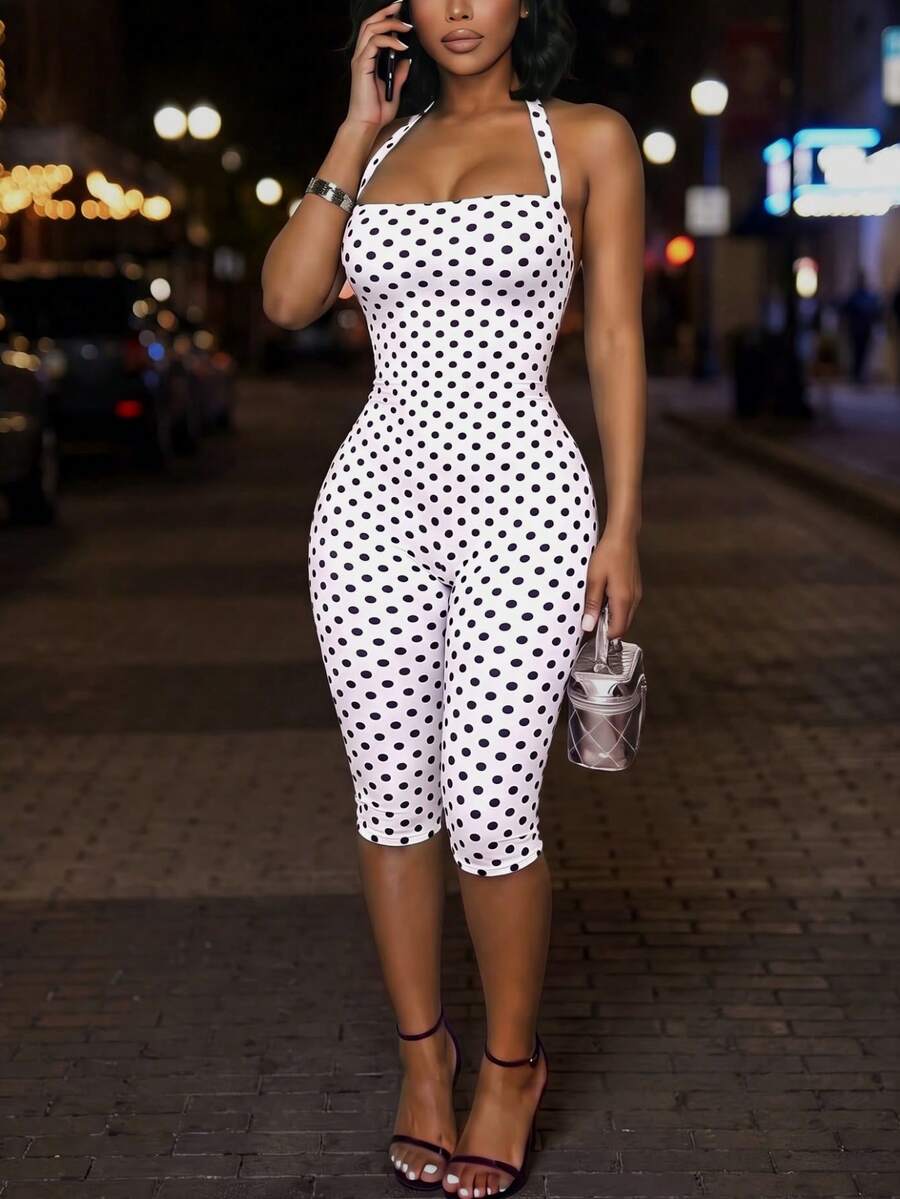 DOUCIU Polka Dot Print Spaghetti Strap Backless Fitted 3/4 Length Jumpsuit, Sexy Party Club Outfit