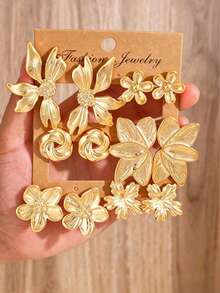 2/12pcs Fashion Stud Earrings Set, Exaggerated Round Twisted Flower Series Earrings, Perfect For Daily Wear, Travel And Vacation, For Women - Gold - View 6