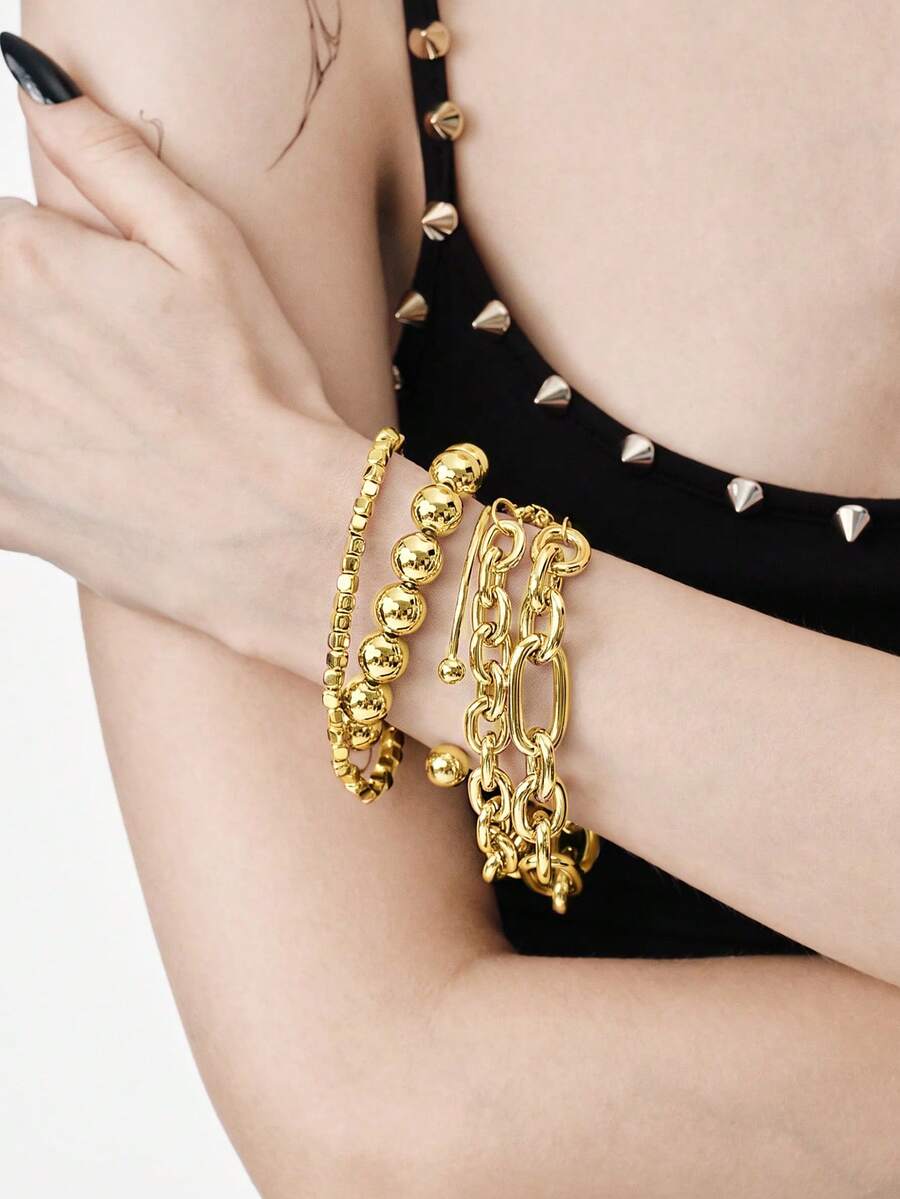 MortiRose 5pcs Vintage Exaggerated Minimalist Old Coin Design Layered Chunky Chain Beaded Bracelet Set, Suitable For Date, Vacation, Daily Wear - Yellow Gold - View 1