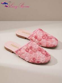 LangMoon Ashlee LangMoon 2026 Elegant 3D Pink Rose Closed Toe Mule Slippers, Gradient Mesh Rose Design Flat Slippers, Elegant Romantic Style All-Season Daily Versatile Elegant Shoes - Baby Pink - View 5