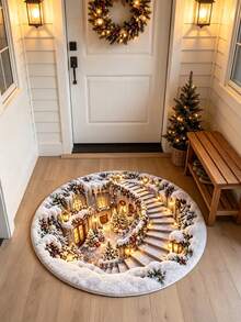 1pc Winter Christmas Magic Castle Round Rug, Snowy Ancient Castle Christmas Tree Night Scene Pattern, Thick Anti-Slip Bedroom Bedside Holiday Mat, Bedside Rug, Decorative Rug, Welcome Mat, Rug, Floor Mat, Outdoor Door Mat, Kitchen Home Decor, Front Door Mat, Area Rug, Outdoor Mat, Home Decor, Garden Rug, Washable Rug - Multicolor - View 5