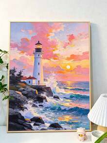 DIY Paint By Numbers Kit, Lighthouse On Rocky Coast At Sunset, Hand-Painted Oil Painting Canvas Wall Art Home Decor Gift - A - View 3