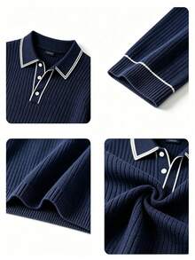 Boys' Knit Polo Shirt, White Contrast Trim Long Sleeve Ribbed Knit Pullover, Preppy Casual Top - Navy Blue - View 5